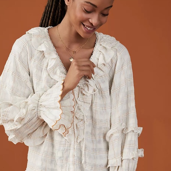 🍃💕NWT Anthropologie Chrissy Ruffled Prairie Check Peasant Blouse Size M - Picture 5 of 15
